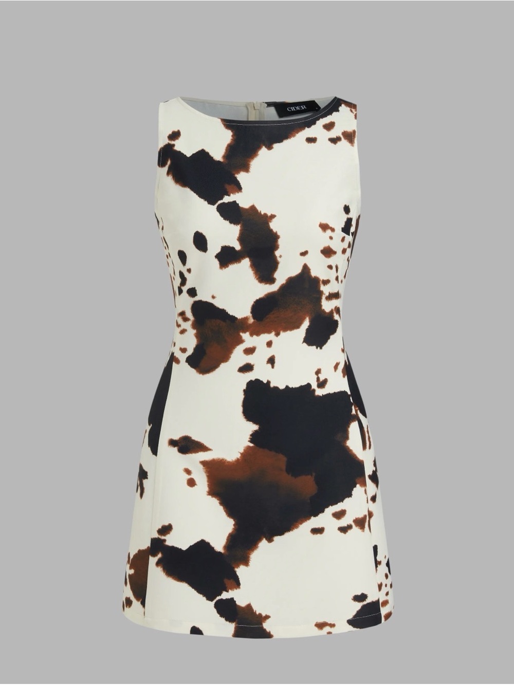 Cream Dress with Black and Rust Brown BOAT NECK LEOPARD PRINT ZIPPER MINI DRESS